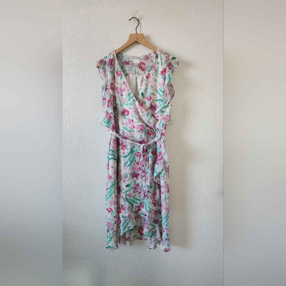 A New Day Women's Medium Floral Faux Wrap Tie Spring Midi RuffleDress